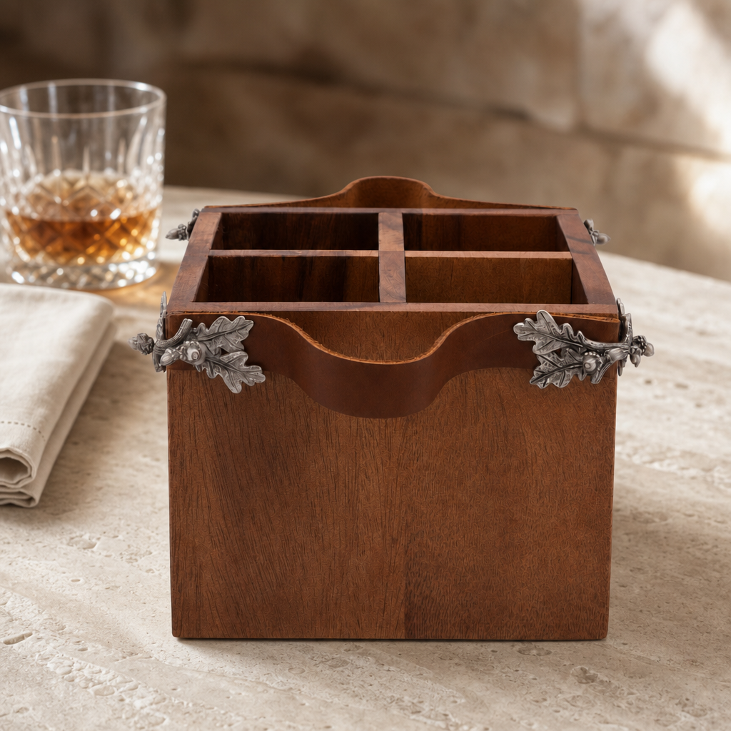 Acorn Oak Leaf Flatware Caddy - Square Box Wood 5