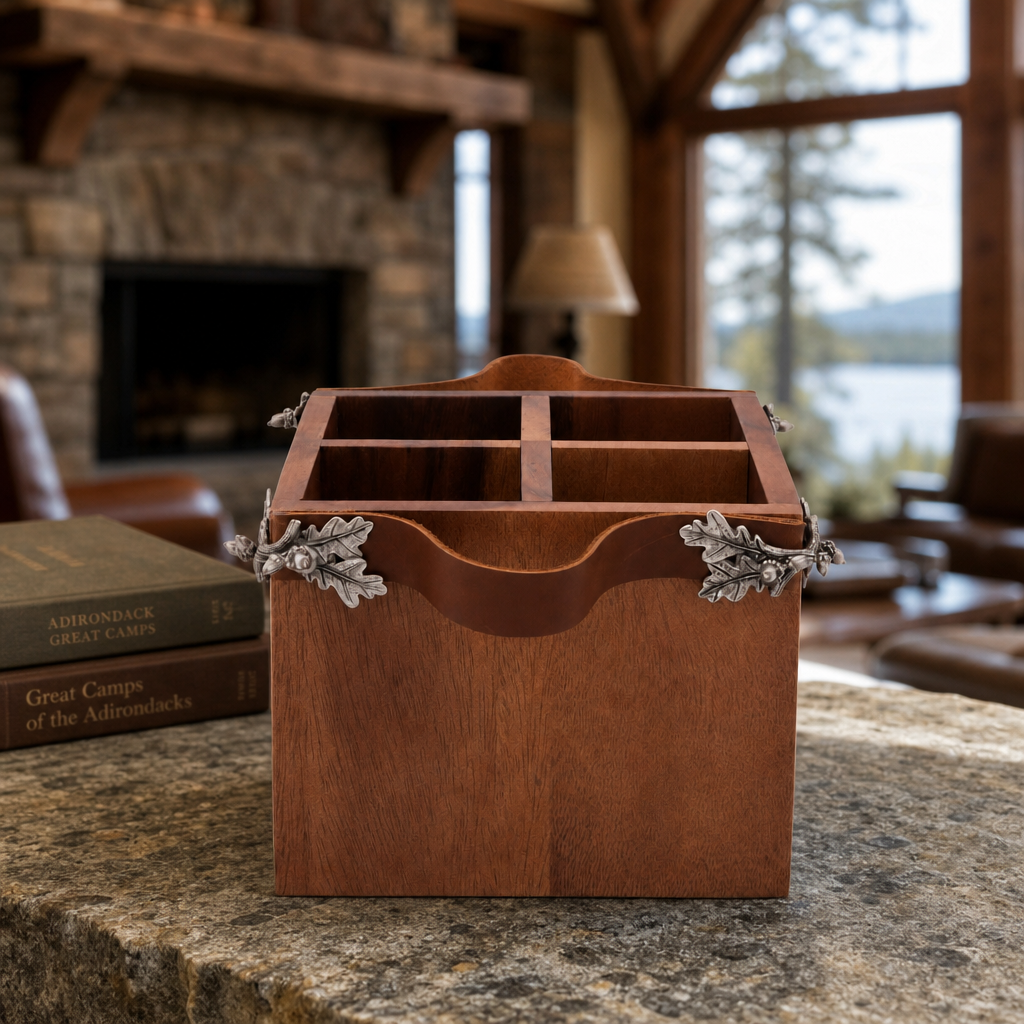 Acorn Oak Leaf Flatware Caddy - Square Box Wood 5