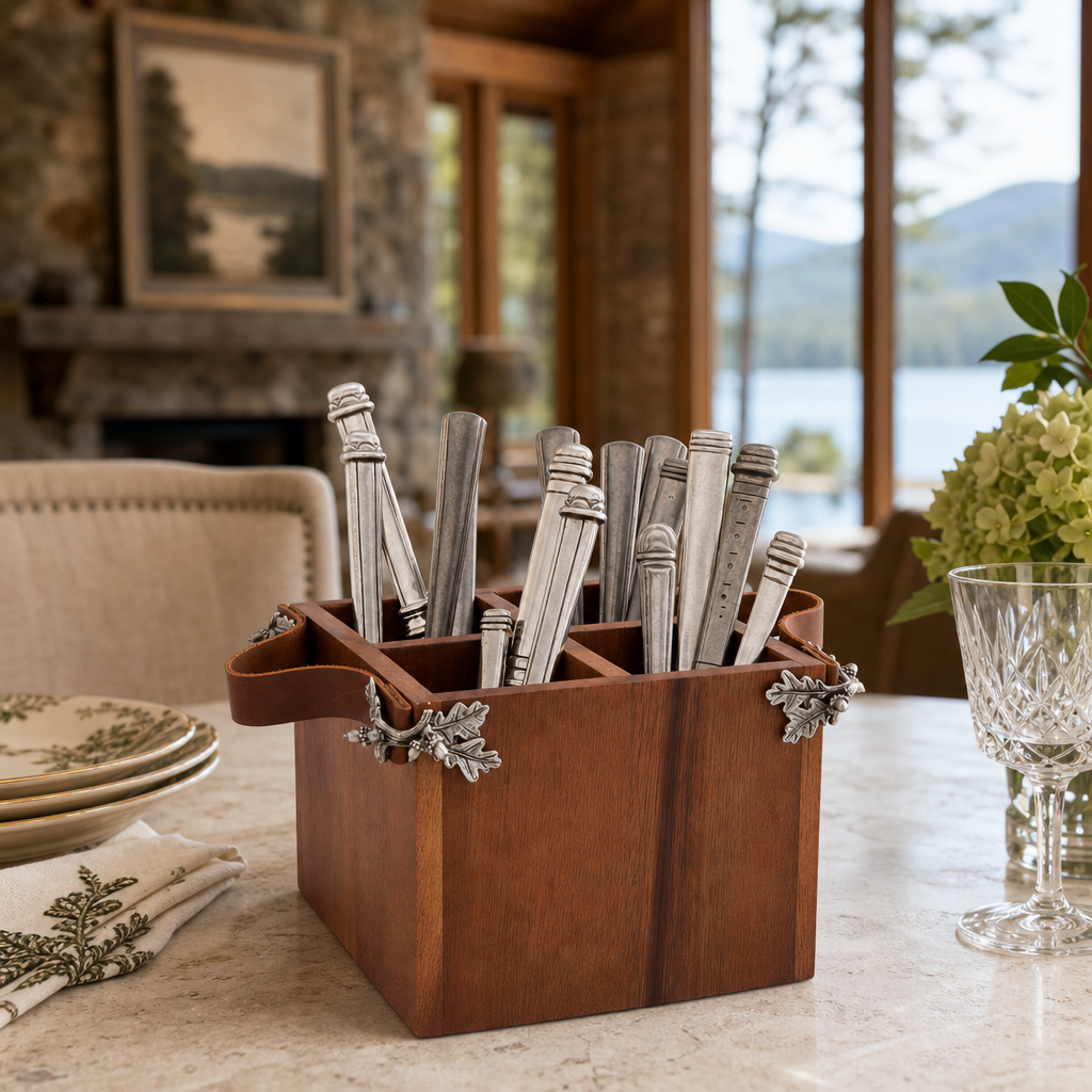 Acorn Oak Leaf Flatware Caddy - Square Box Wood 5