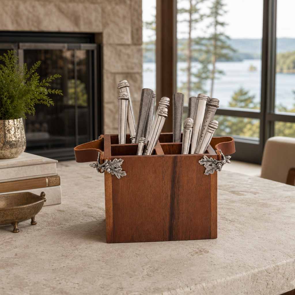Acorn Oak Leaf Flatware Caddy - Square Box Wood 7