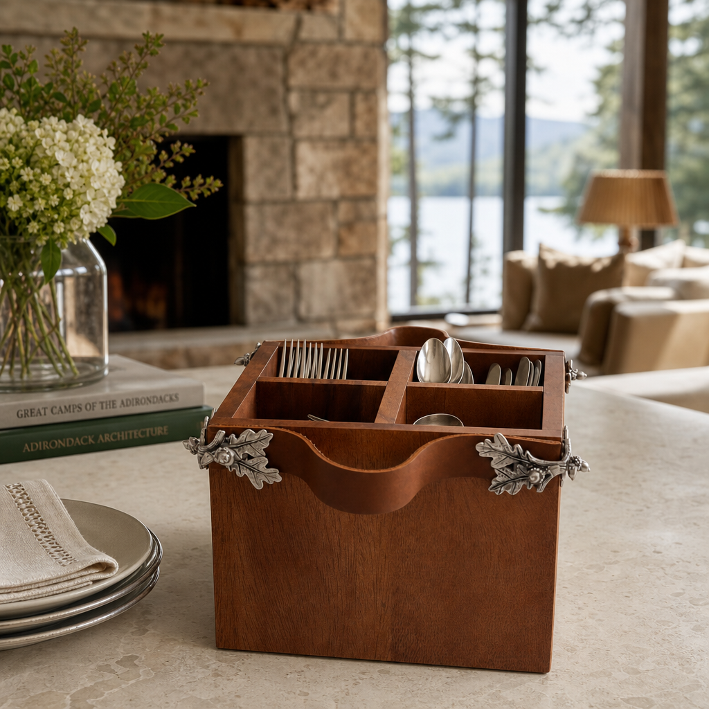 Acorn Oak Leaf Flatware Caddy - Square Box Wood 8