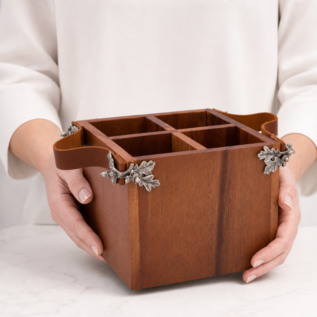 Acorn Oak Leaf Flatware Caddy - Square Box Wood 9