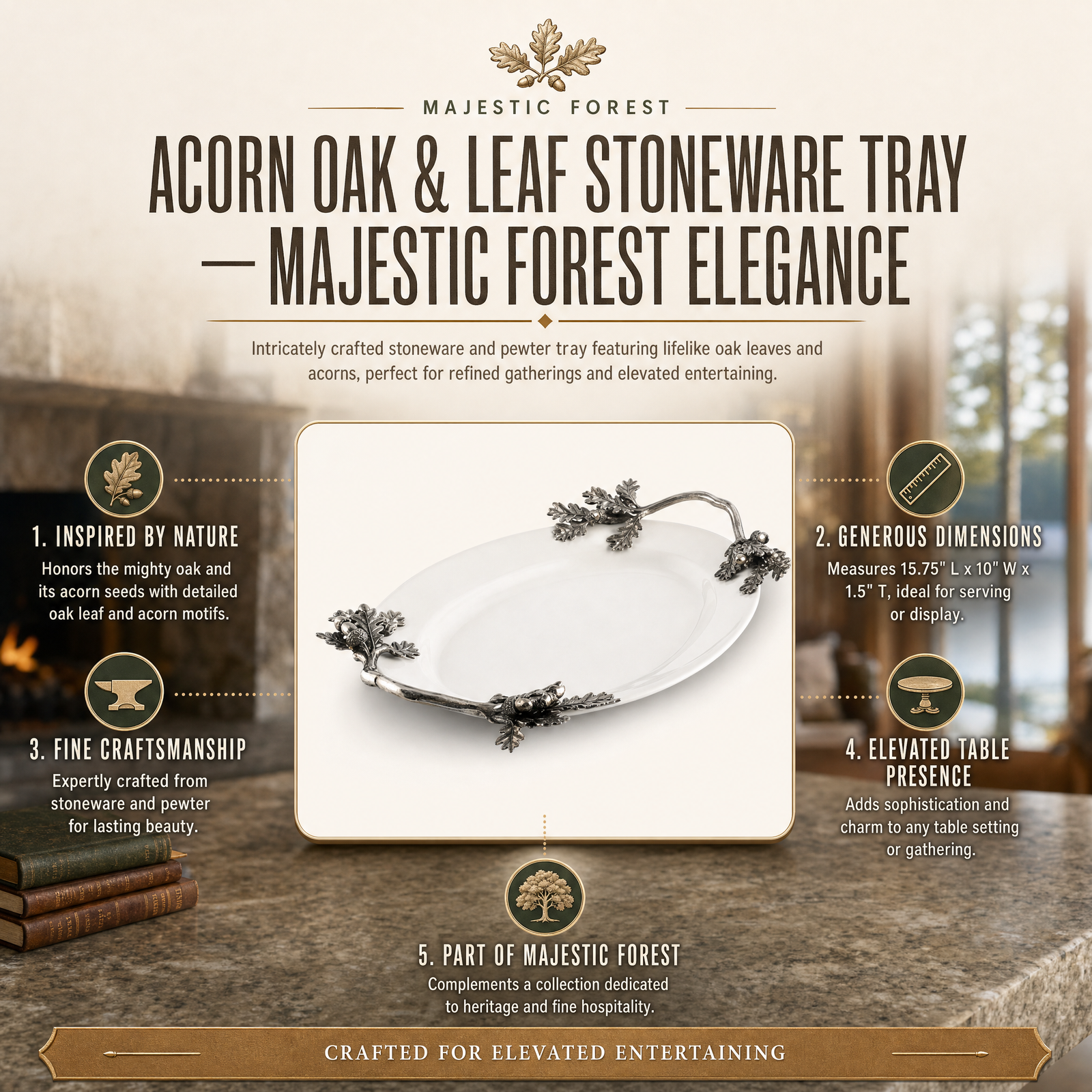 Acorn Oak & Leaf  Stoneware Tray - Small 11