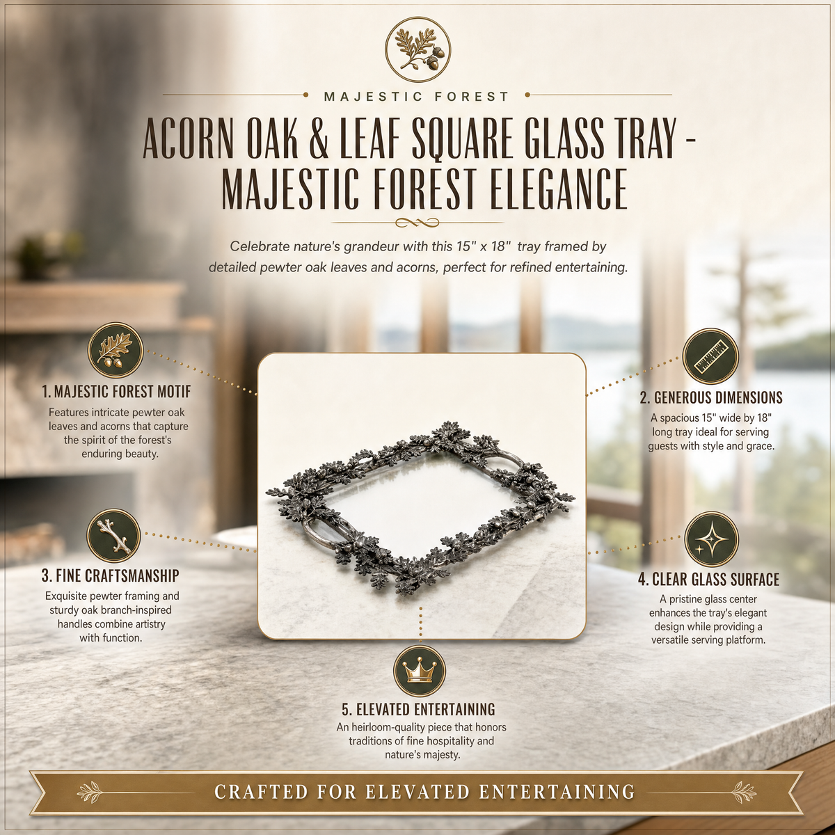 Acorn Oak & Leaf Square Glass Tray 11