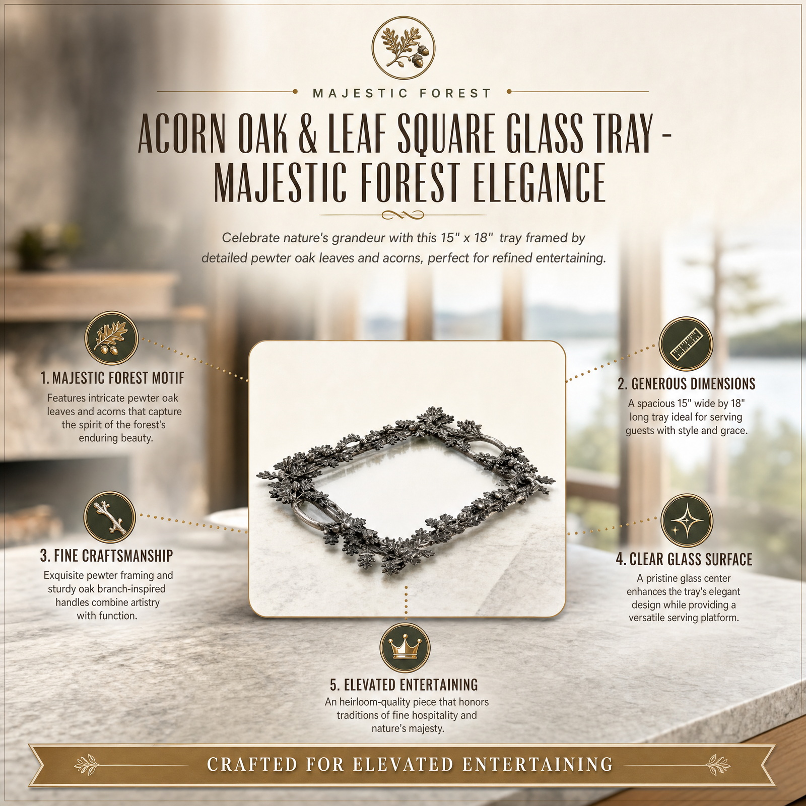 Acorn Oak & Leaf Square Glass Tray 11