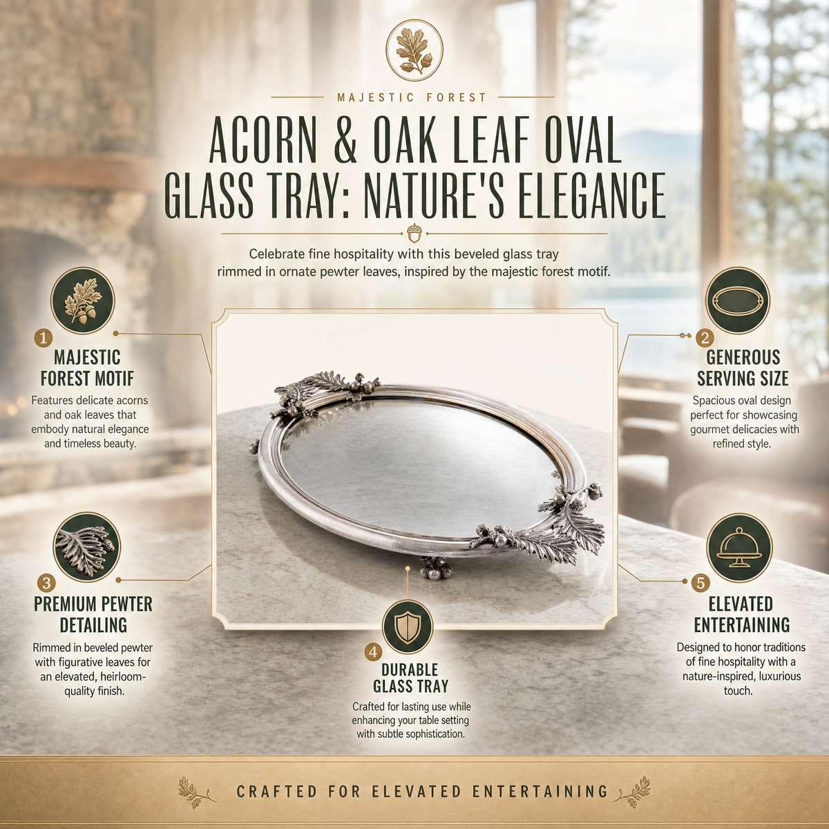 Acorn & Oak Leaf Oval Glass Tray 11