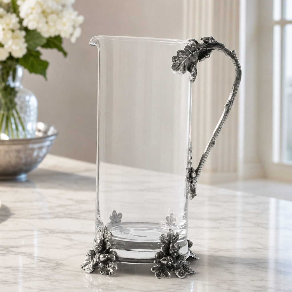 Glass Pitcher Pewter Acorn & Oak Leaf Handle 10