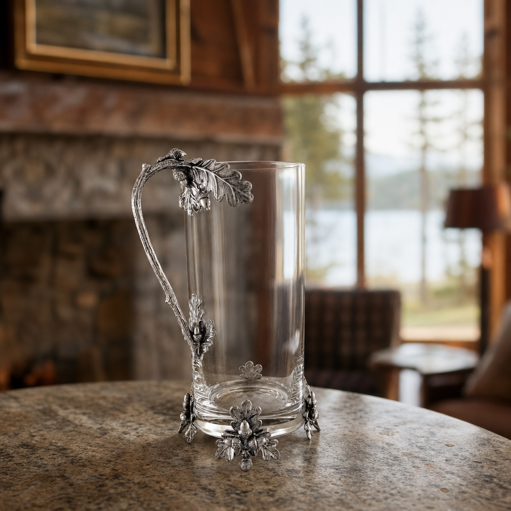 Glass Pitcher Pewter Acorn & Oak Leaf Handle 4