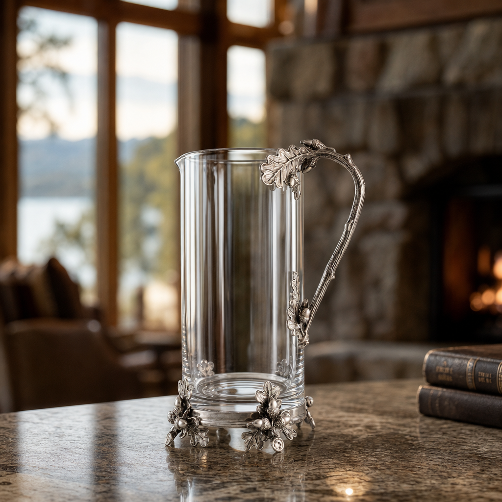 Glass Pitcher Pewter Acorn & Oak Leaf Handle 5