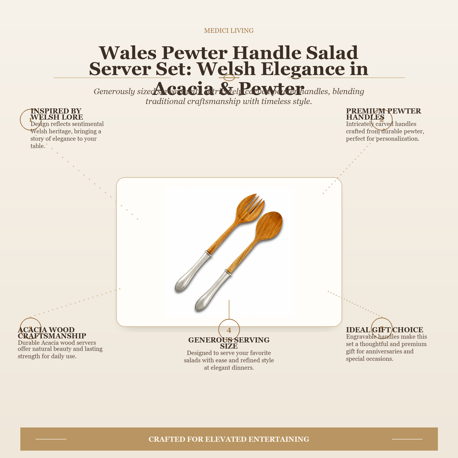 Wales Pewter Handle Salad Server Set: Welsh Elegance in Acacia & Pewter