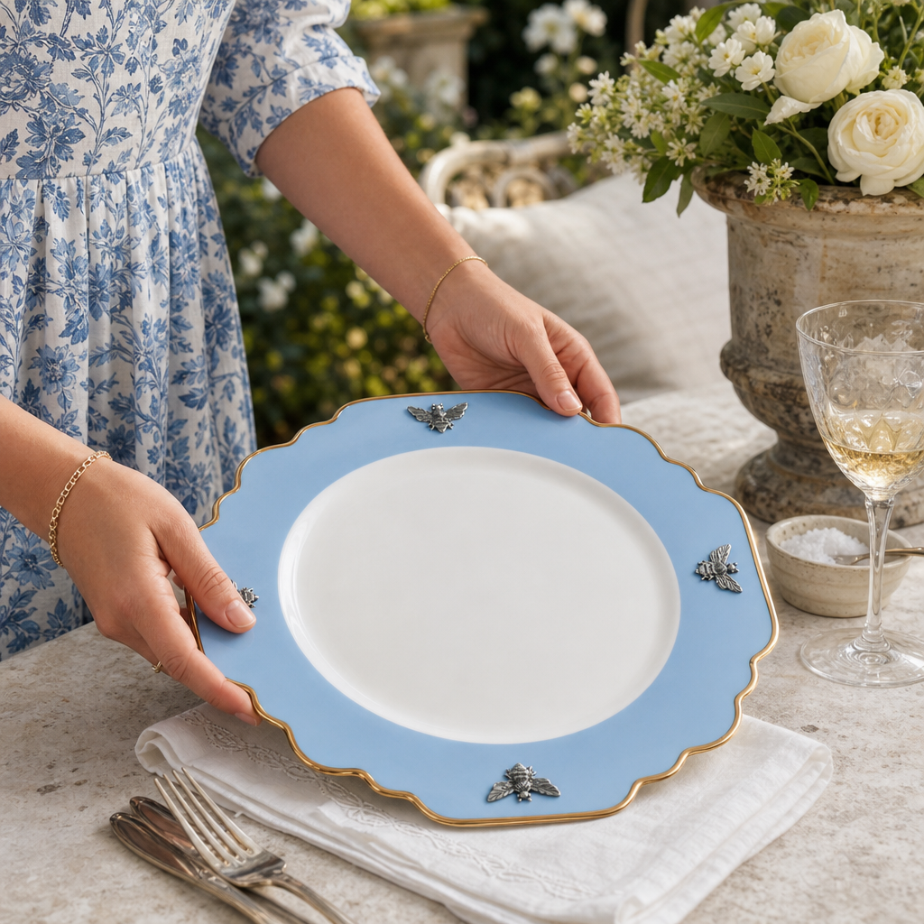 Bee Bone China Dinner Plate Blue with Gold Rim 4