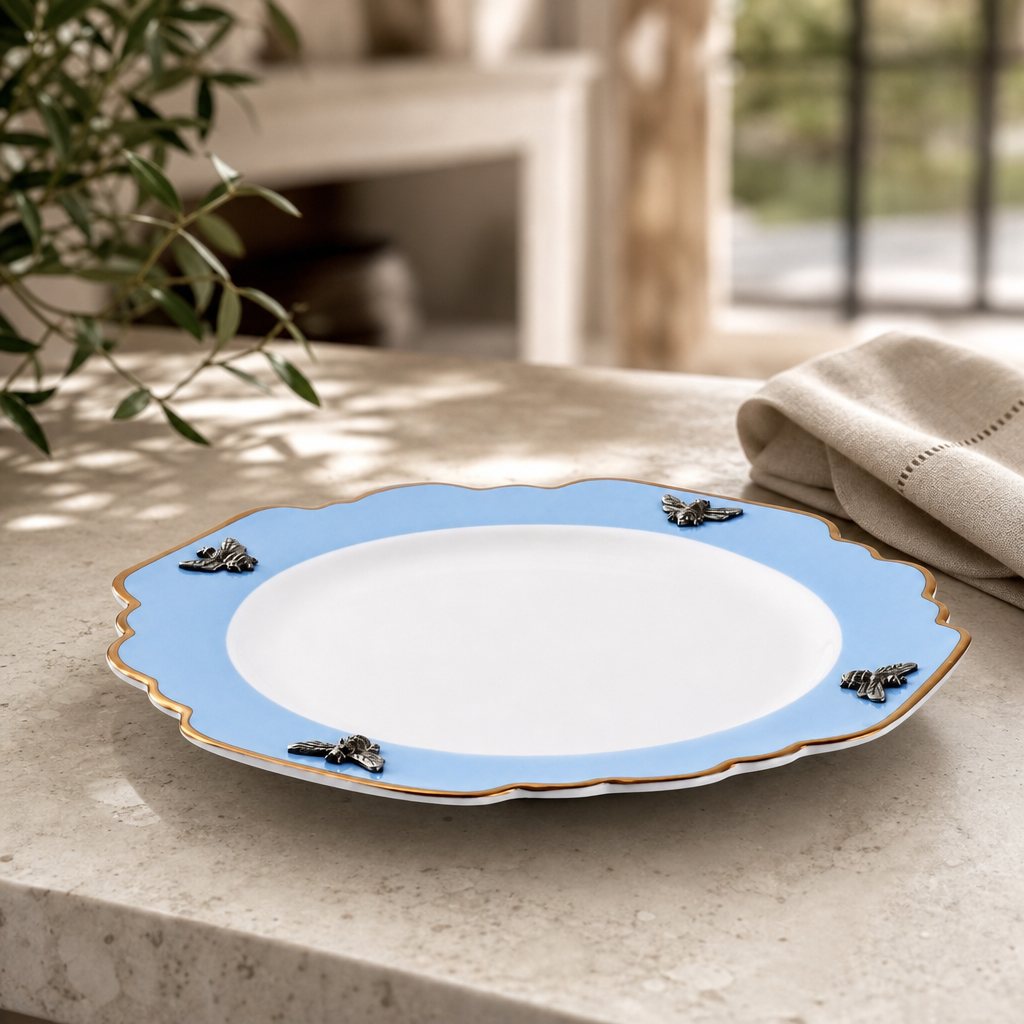 Bee Bone China Dinner Plate Blue with Gold Rim 3