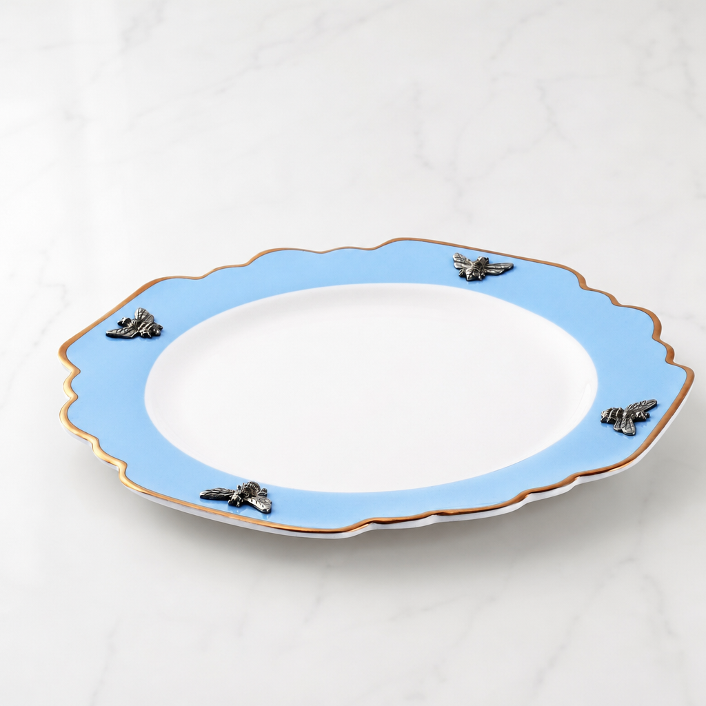 Bee Bone China Dinner Plate Blue with Gold Rim 6