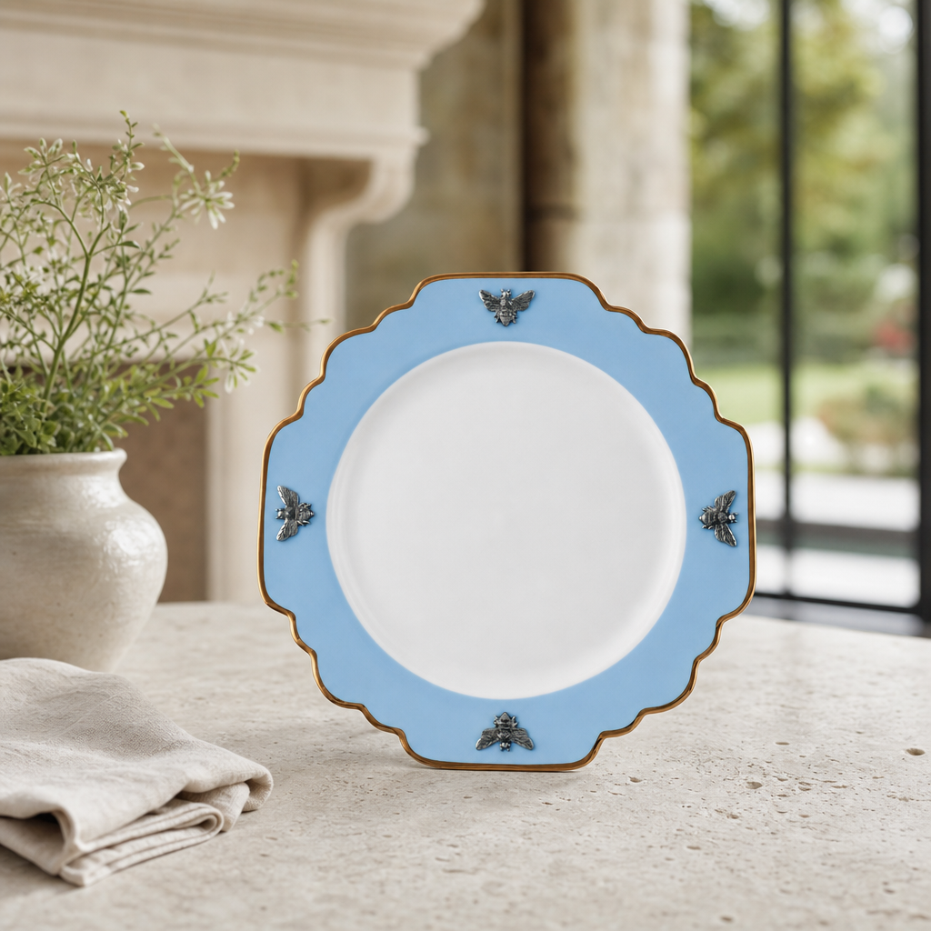 Bee Bone China Dinner Plate Blue with Gold Rim 1
