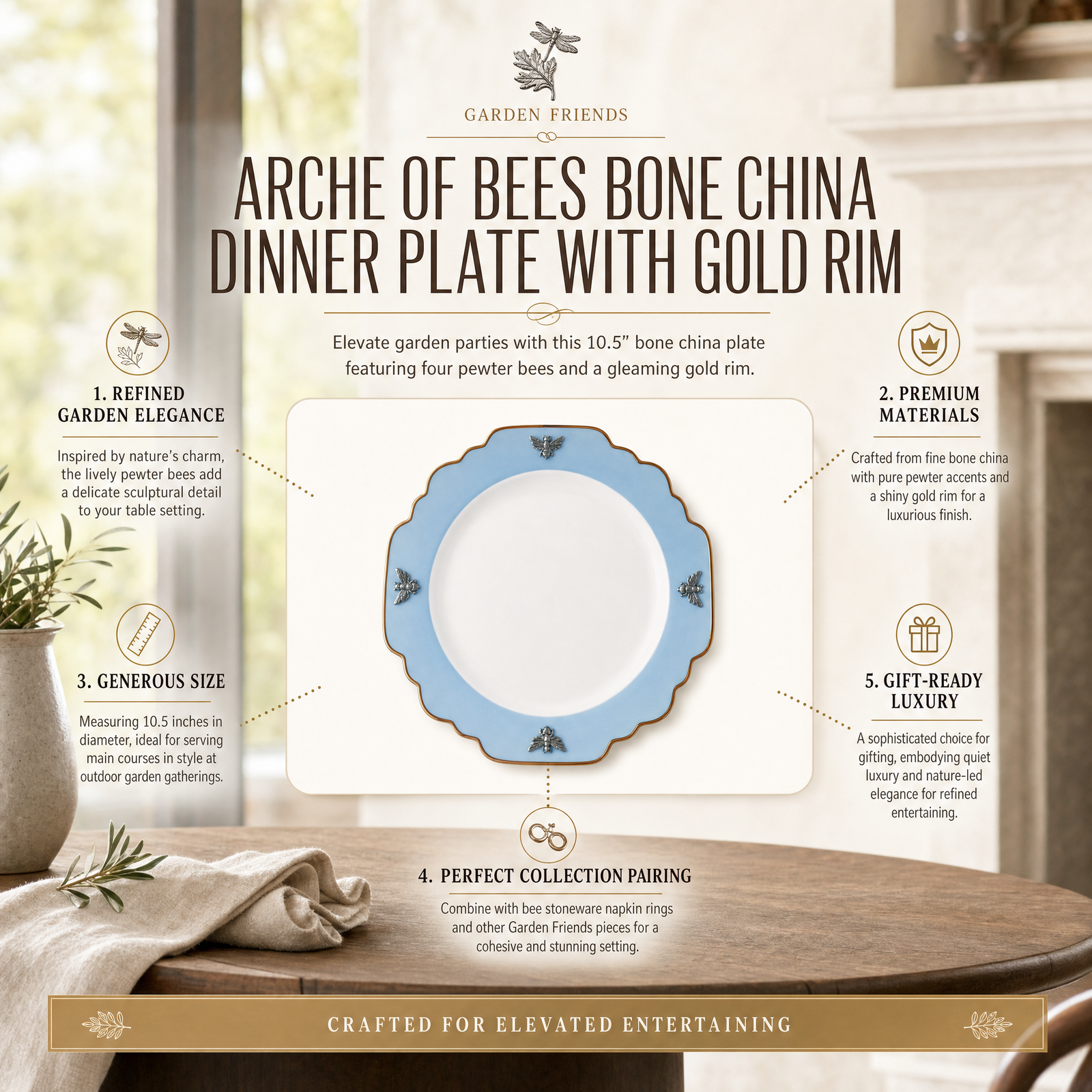 Bee Bone China Dinner Plate Blue with Gold Rim 1