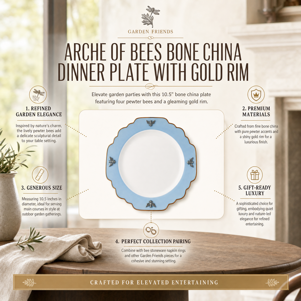 Bee Bone China Dinner Plate Blue with Gold Rim 7
