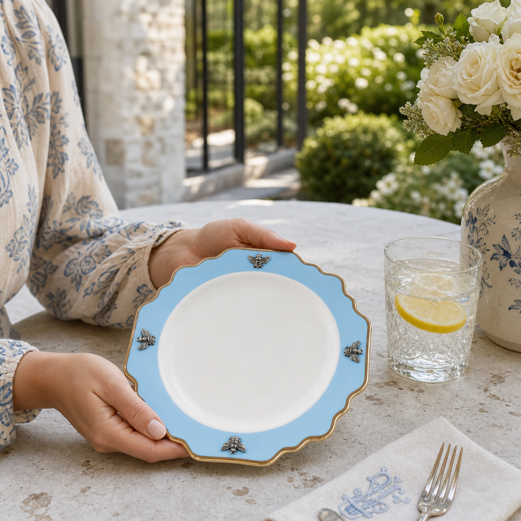 Bee Bone China Dessert / Salad Plate Blue with Gold Rim 4