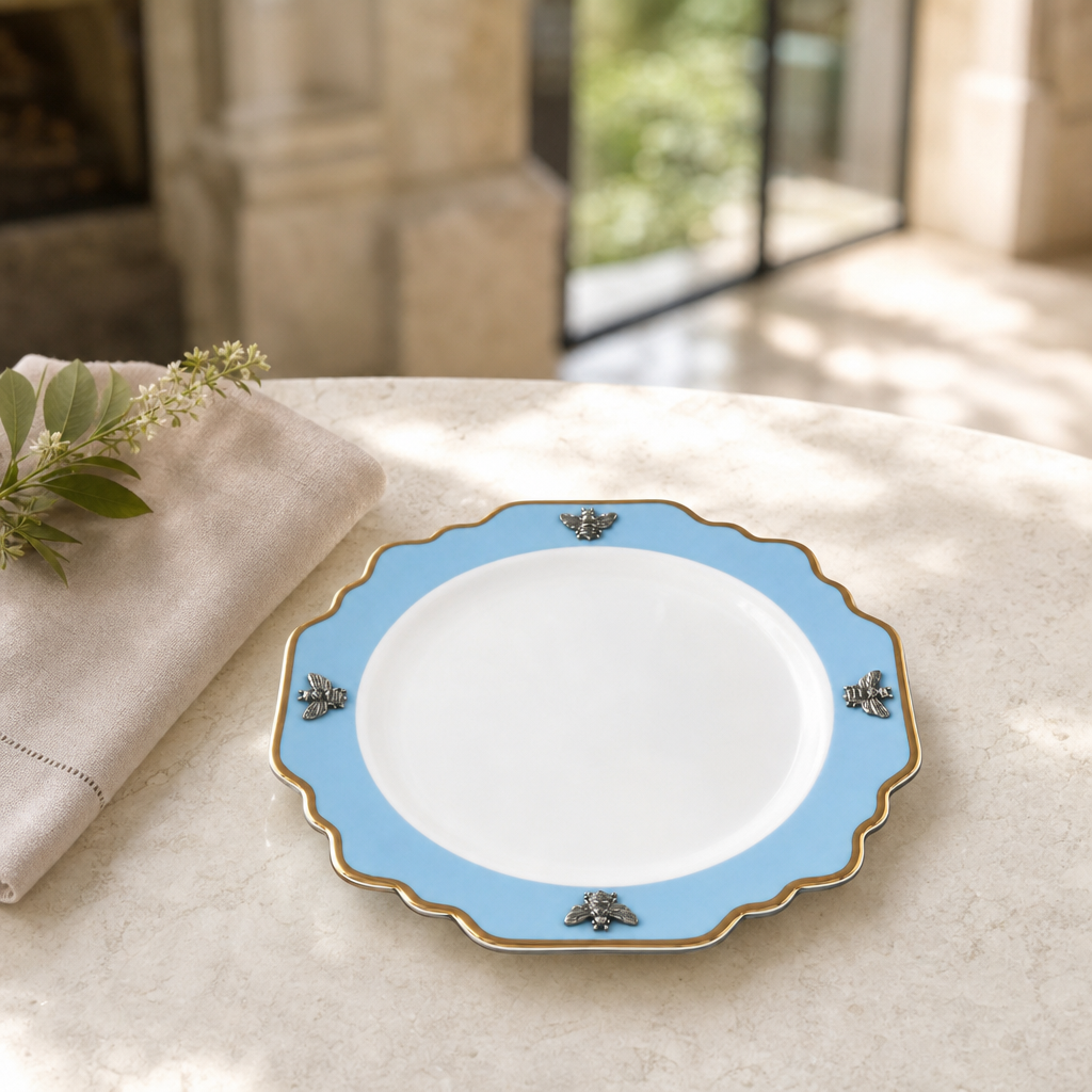 Bee Bone China Dessert / Salad Plate Blue with Gold Rim 1
