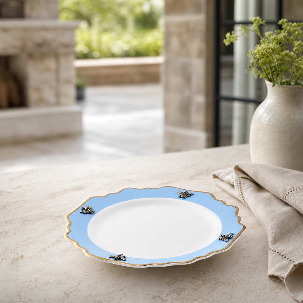 Bee Bone China Dessert / Salad Plate Blue with Gold Rim 3