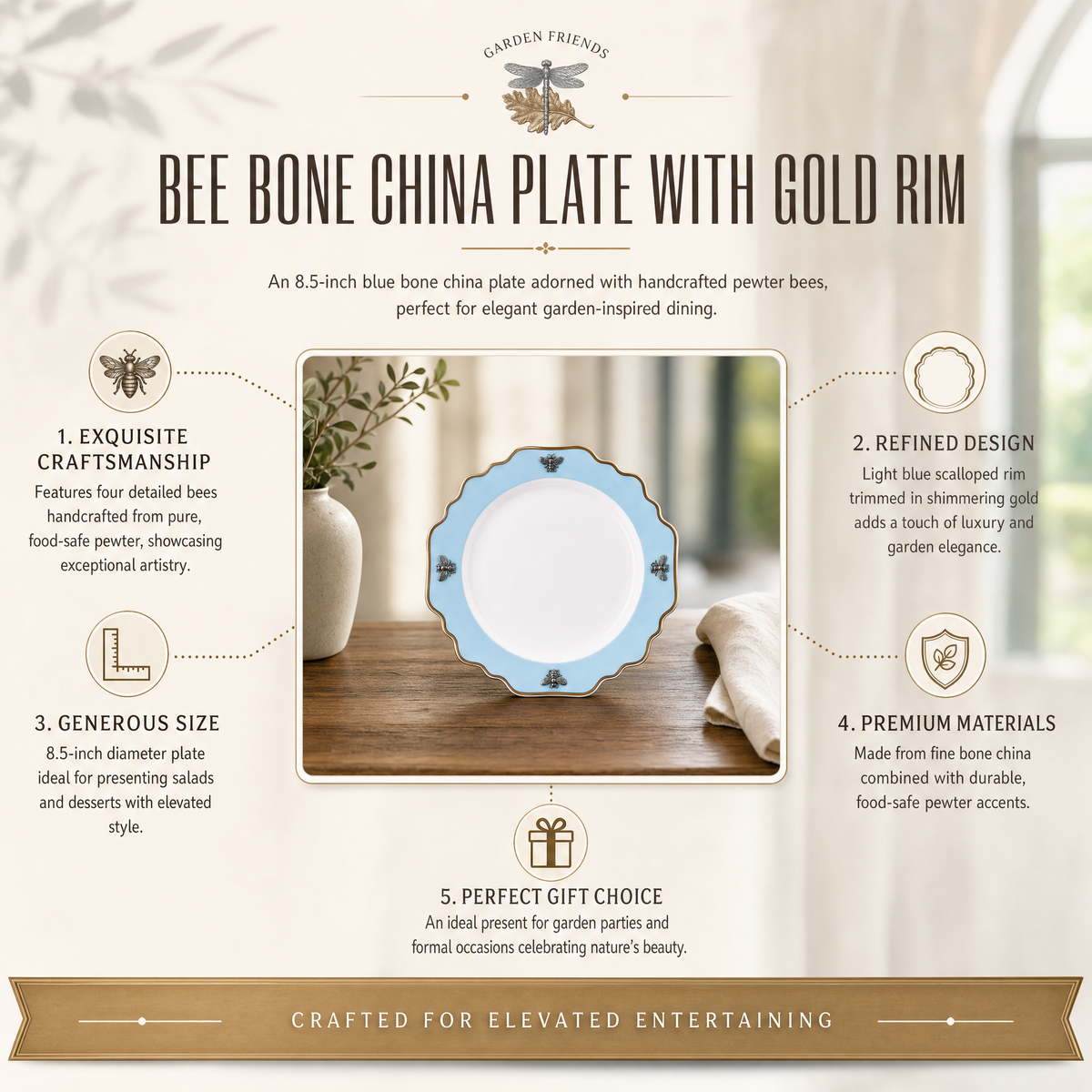 Bee Bone China Dessert / Salad Plate Blue with Gold Rim 7