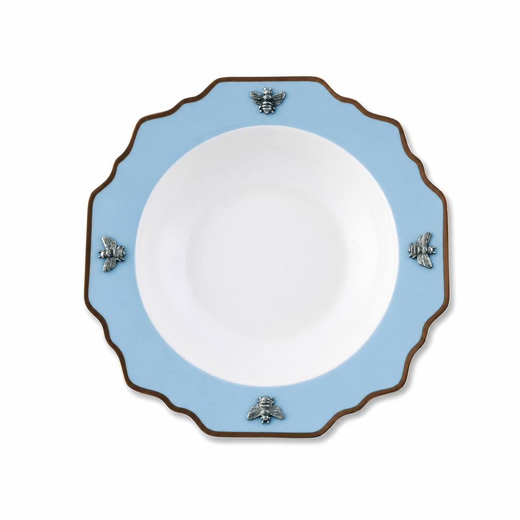 Bee Bone China Soup Plate Blue with Gold Rim 1