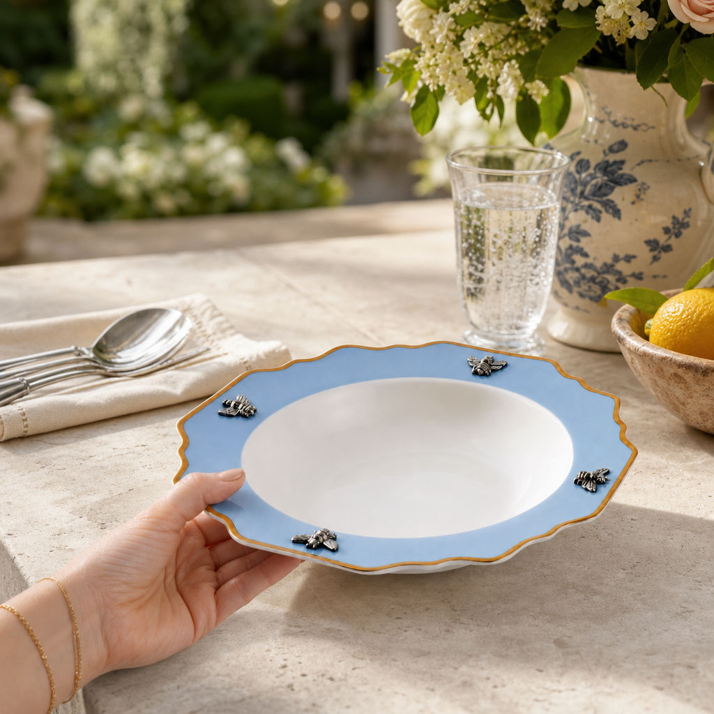 Bee Bone China Soup Plate Blue with Gold Rim 5