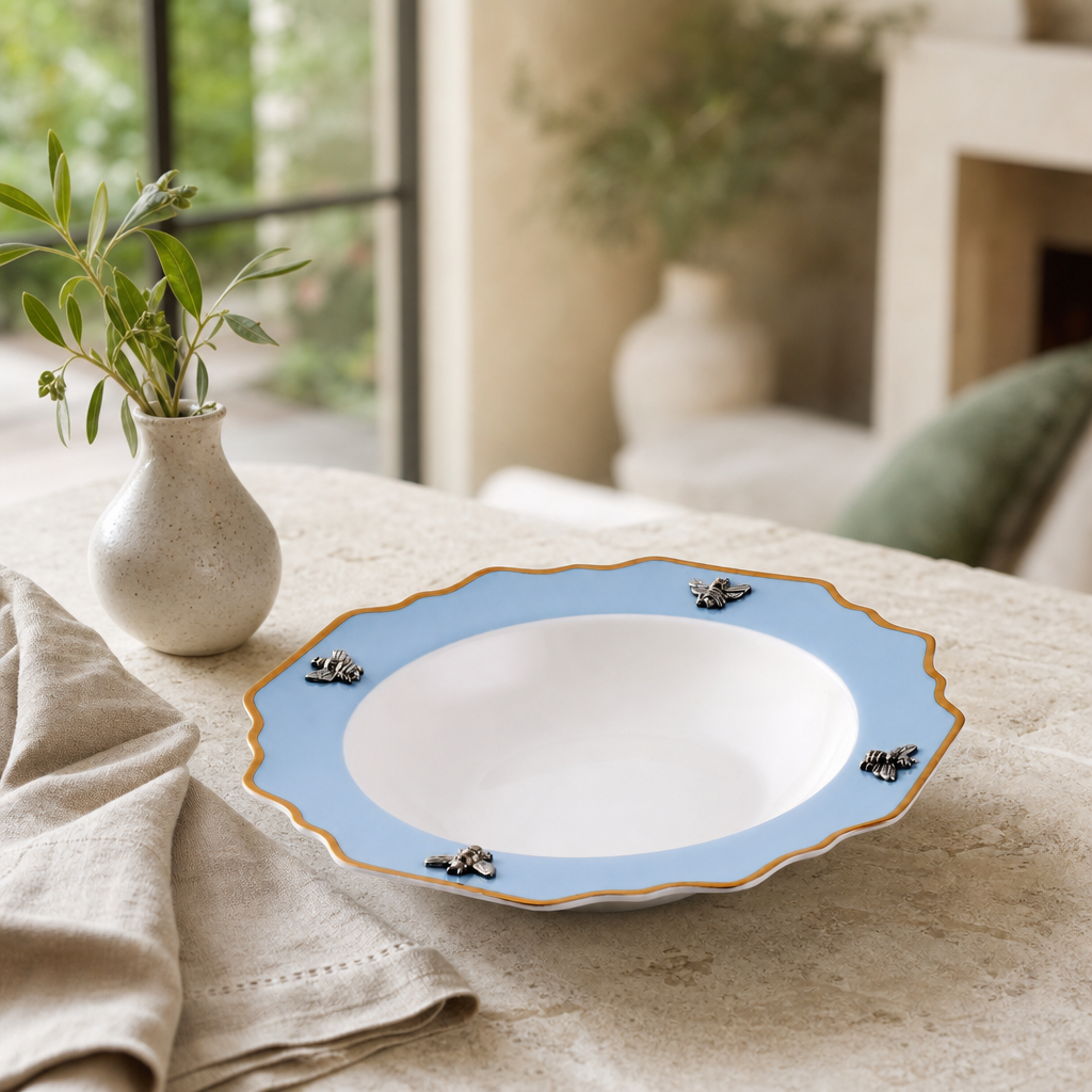 Bee Bone China Soup Plate Blue with Gold Rim 3