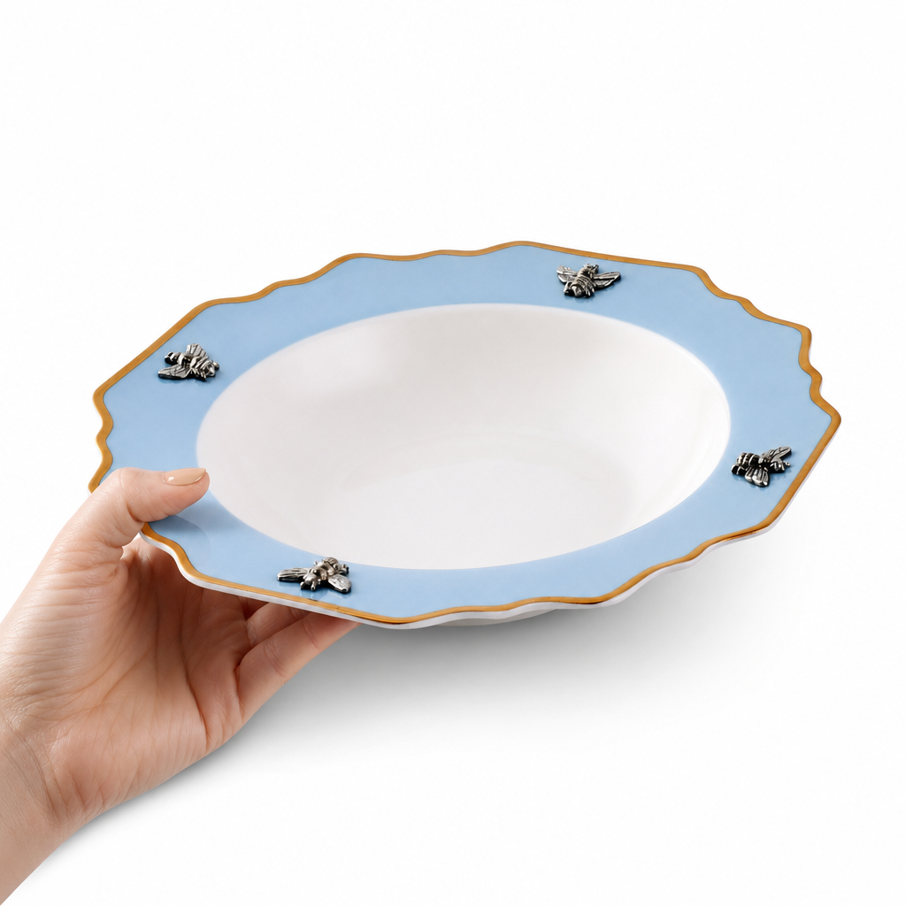 Bee Bone China Soup Plate Blue with Gold Rim 6