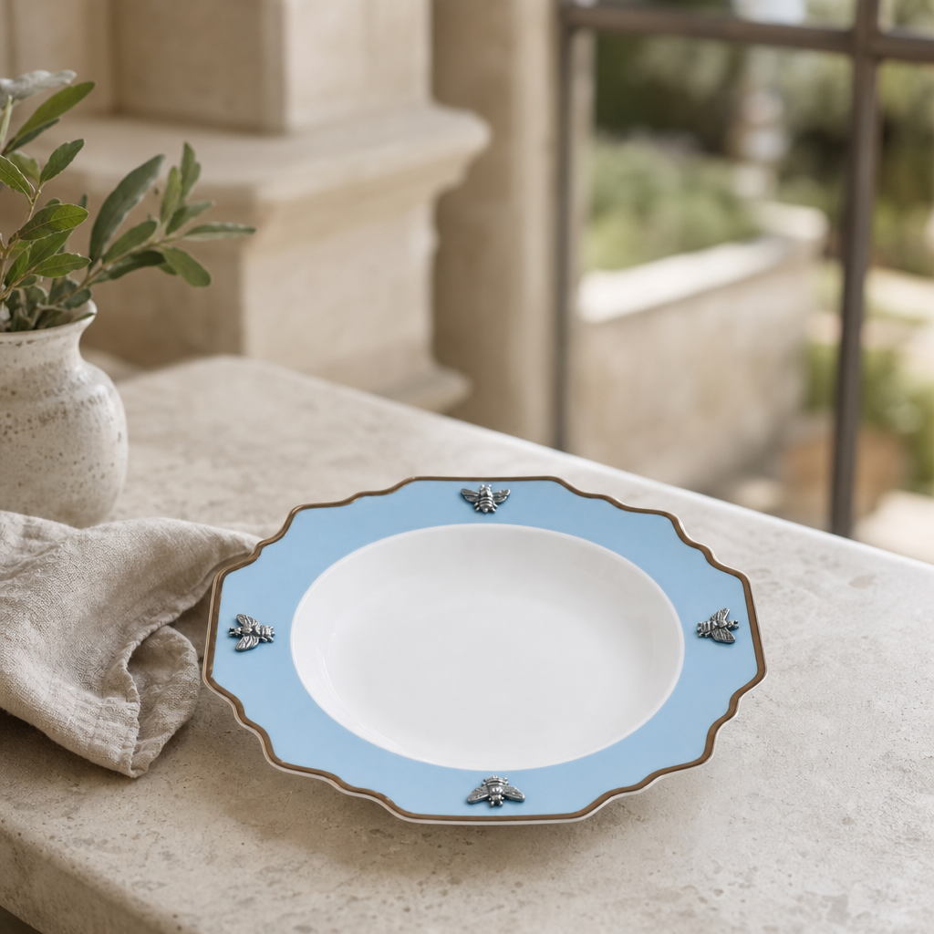 Bee Bone China Soup Plate Blue with Gold Rim 1
