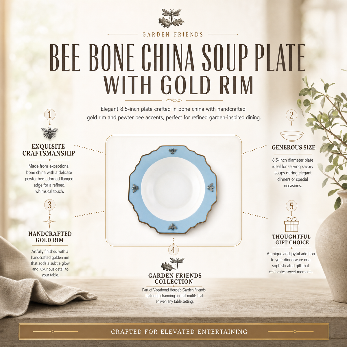 Bee Bone China Soup Plate Blue with Gold Rim 7