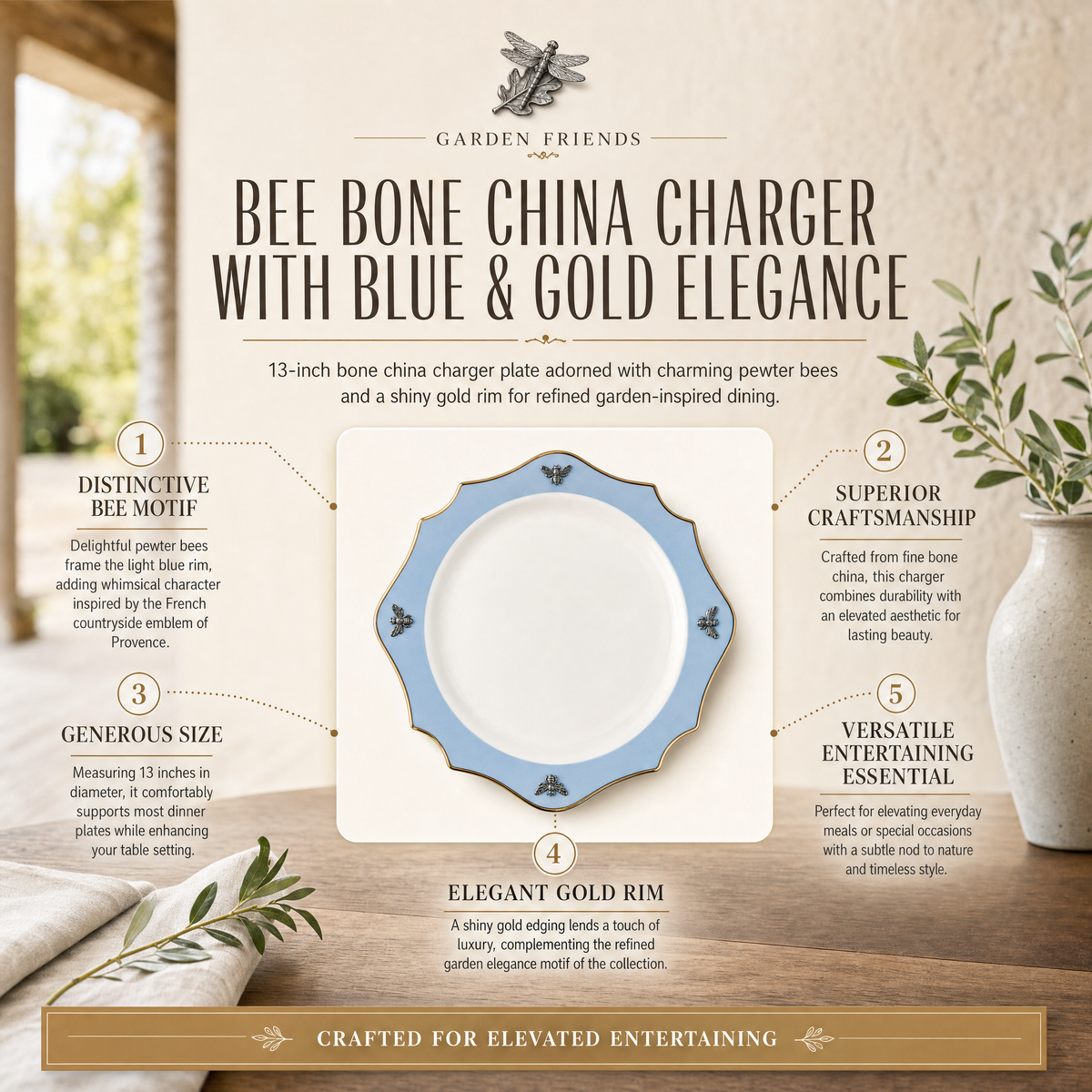 Bee Bone China Charger Blue with Gold Rim 7