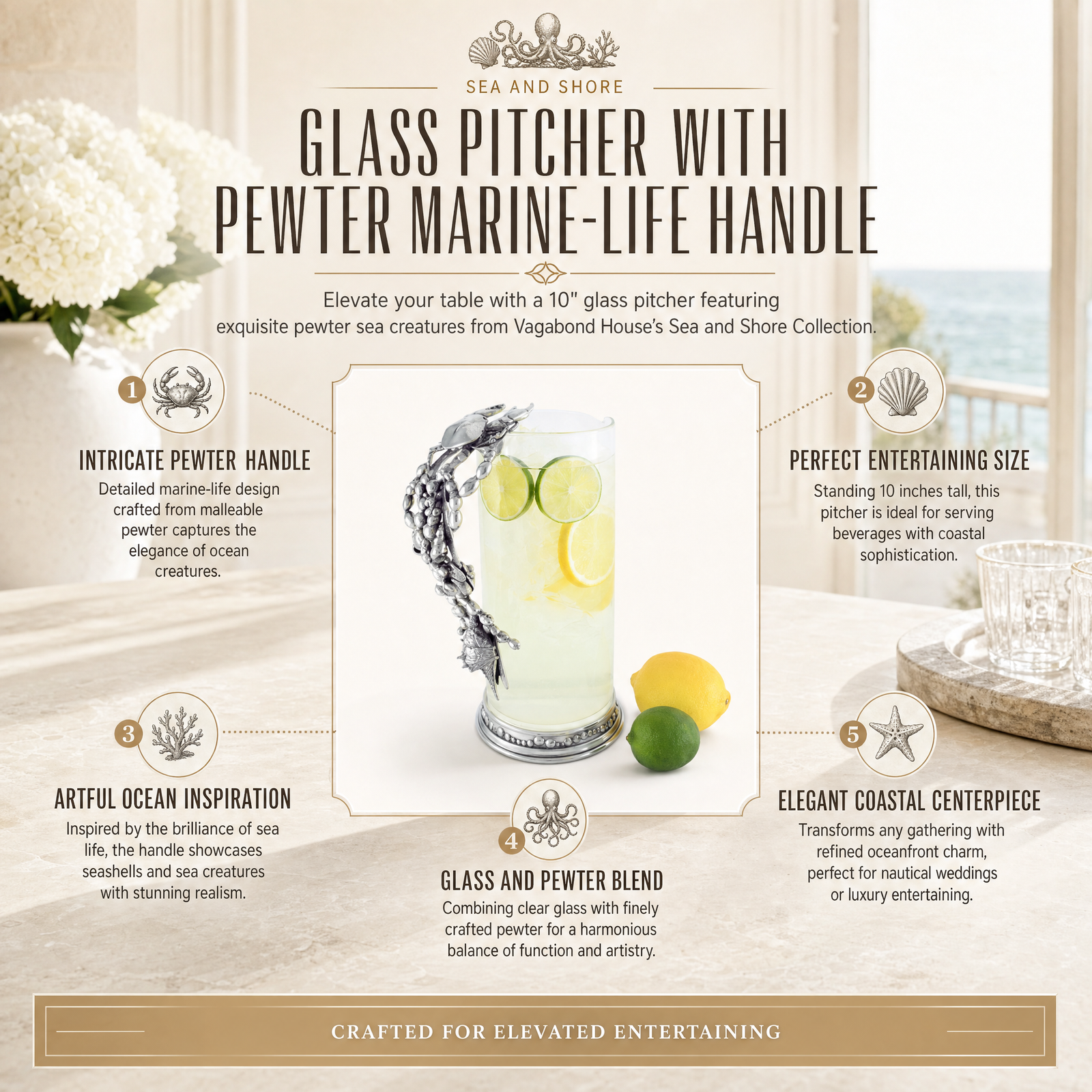 Glass Pitcher Pewter Marine Life Handle 11