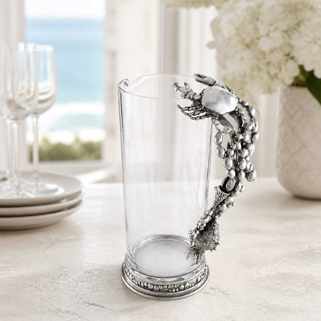 Glass Pitcher Pewter Marine Life Handle 5