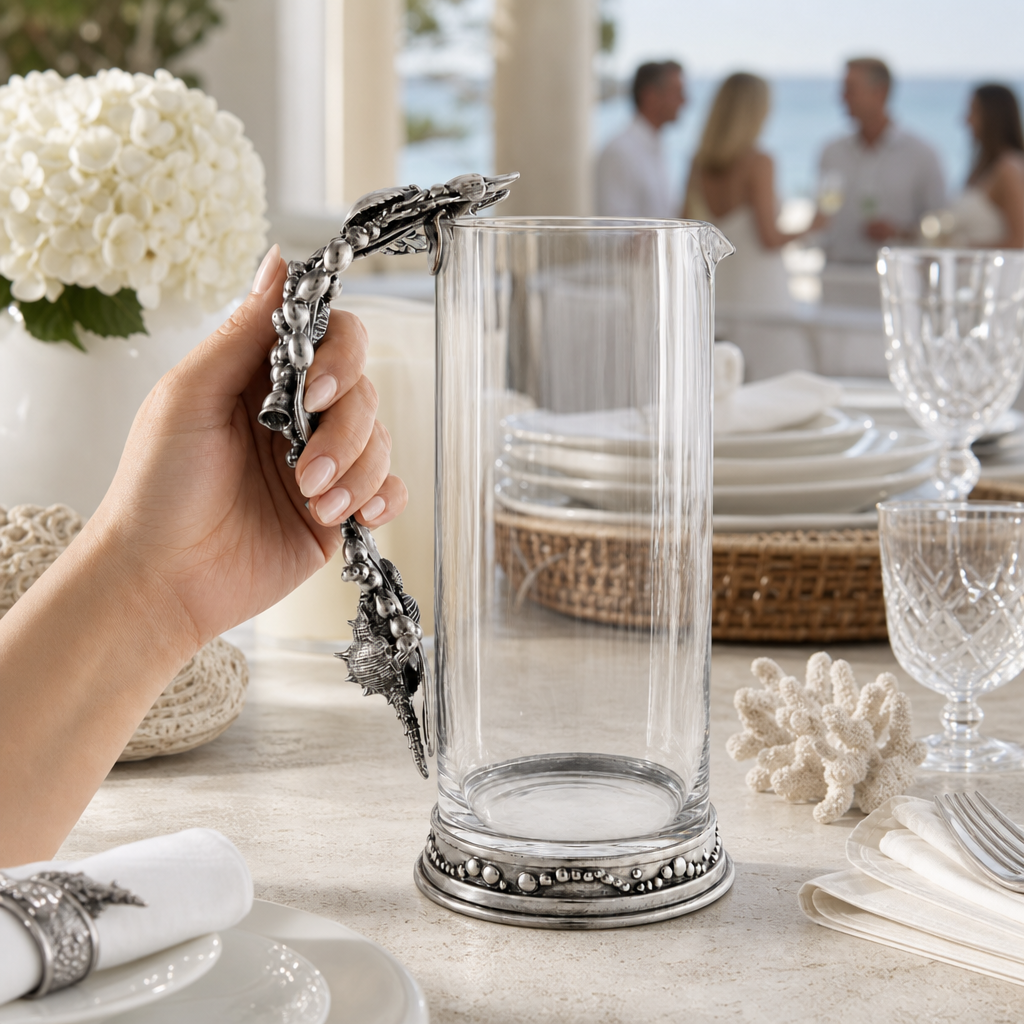 Glass Pitcher Pewter Marine Life Handle 7