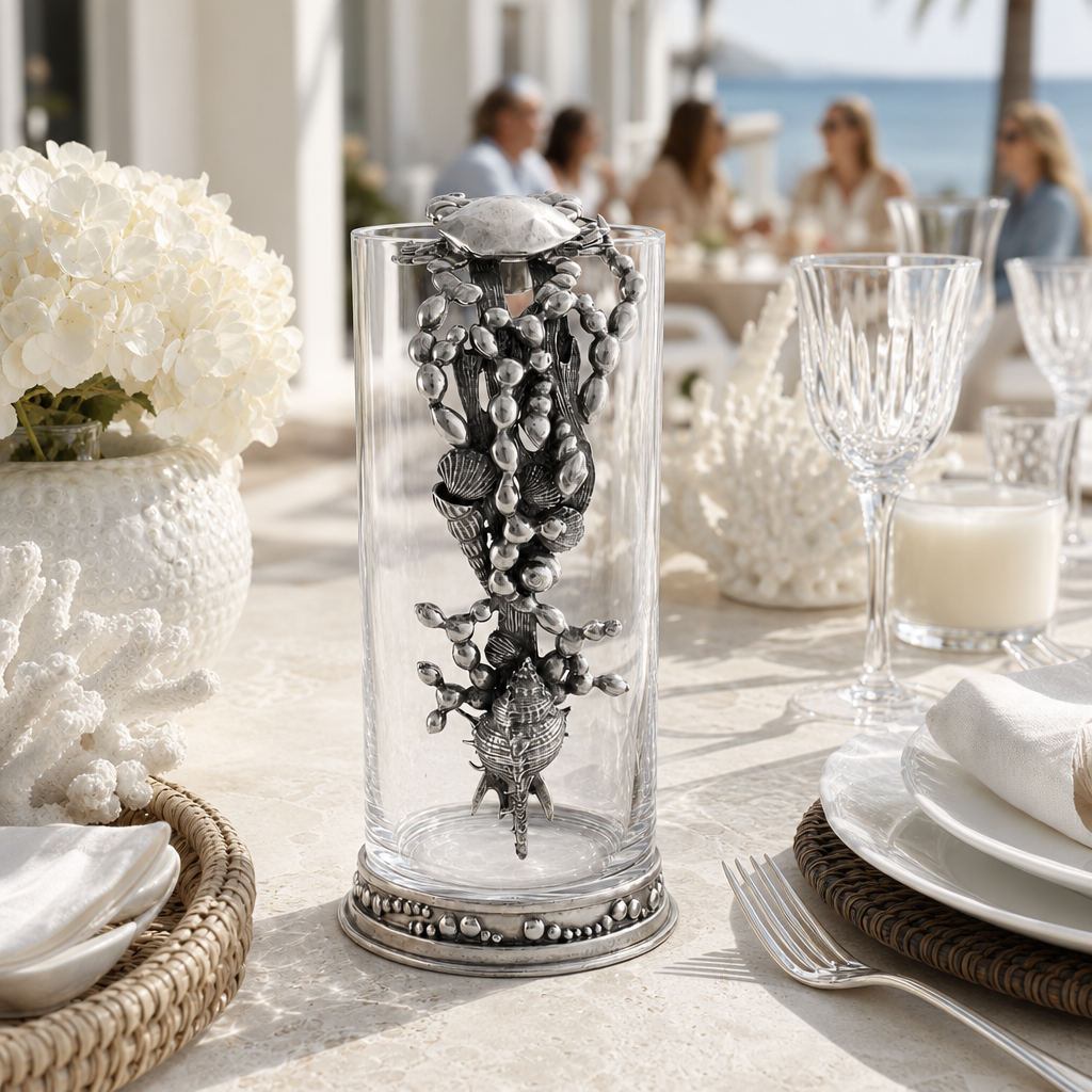 Glass Pitcher Pewter Marine Life Handle 8