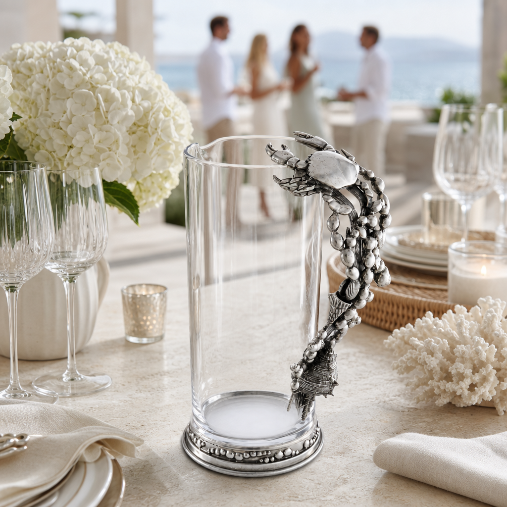 Glass Pitcher Pewter Marine Life Handle 9