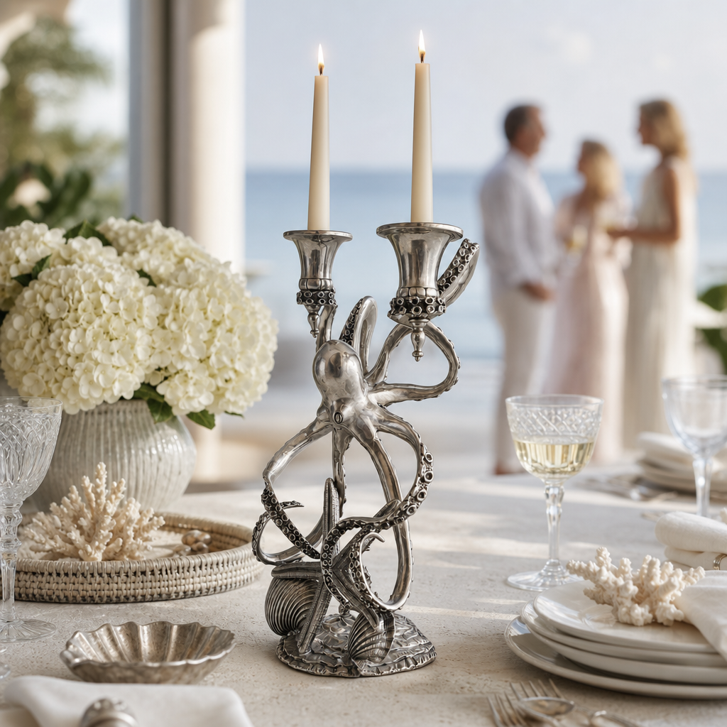 Two Taper Pewter Octopus Candelabrum 6