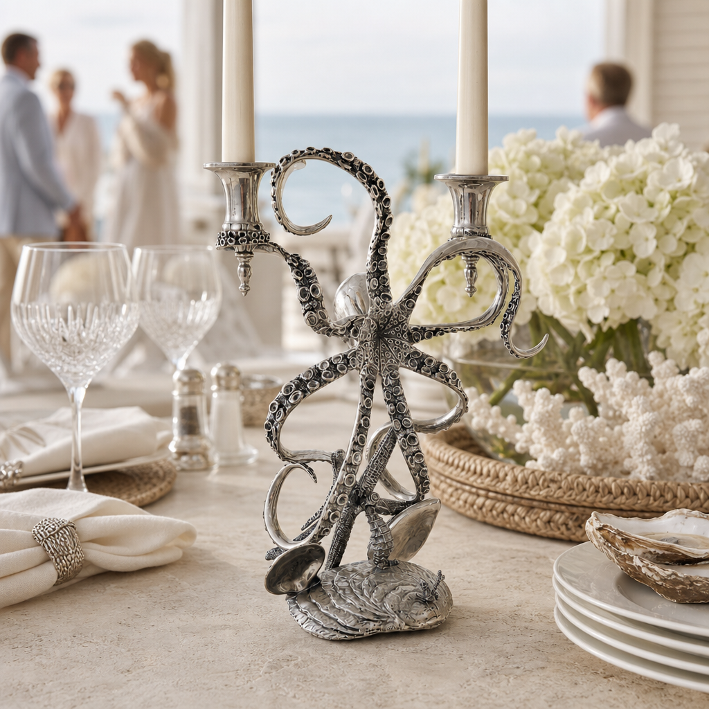 Two Taper Pewter Octopus Candelabrum 7