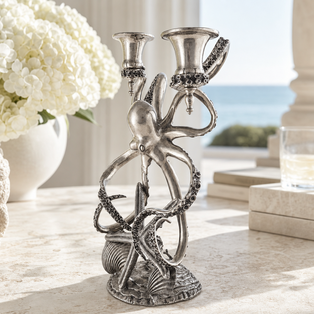Two Taper Pewter Octopus Candelabrum 2