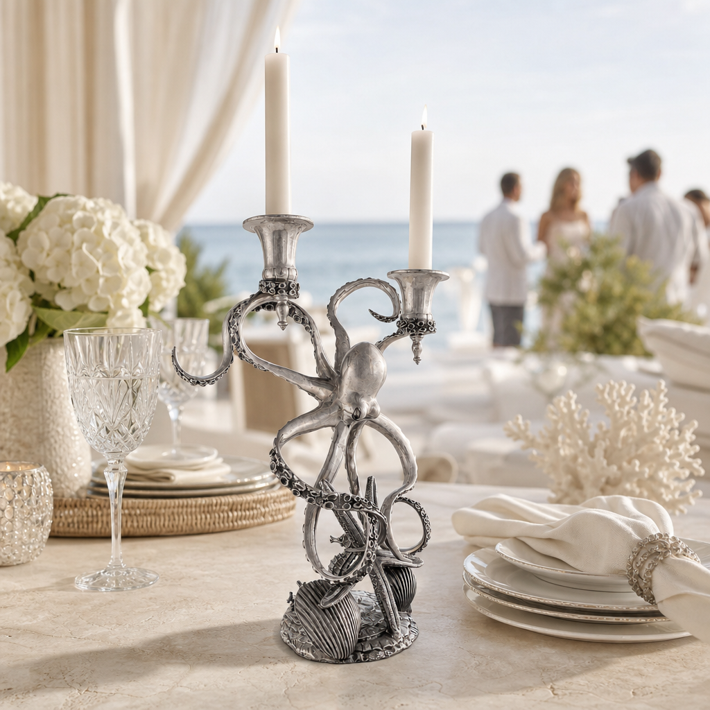 Two Taper Pewter Octopus Candelabrum 8