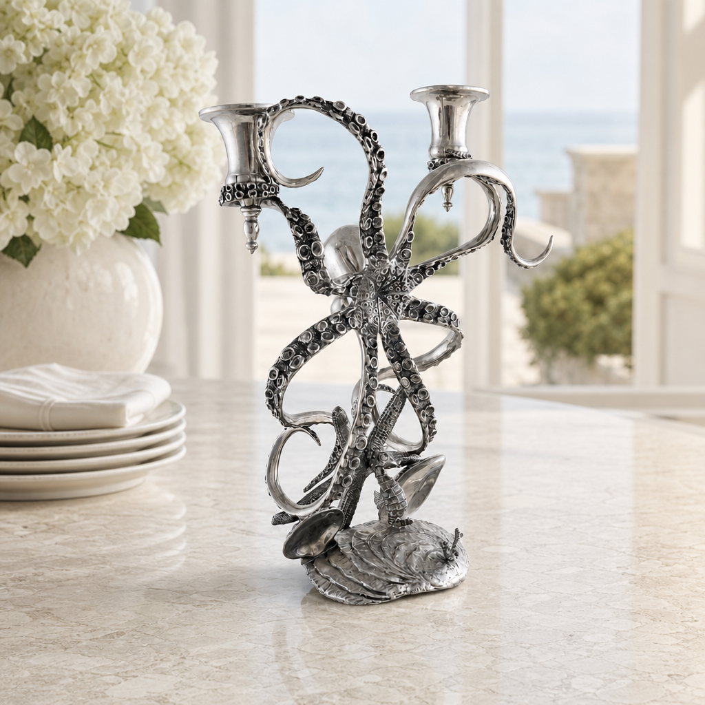 Two Taper Pewter Octopus Candelabrum 3