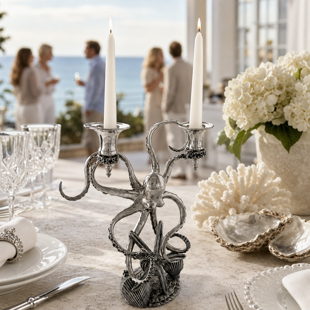Two Taper Pewter Octopus Candelabrum 9