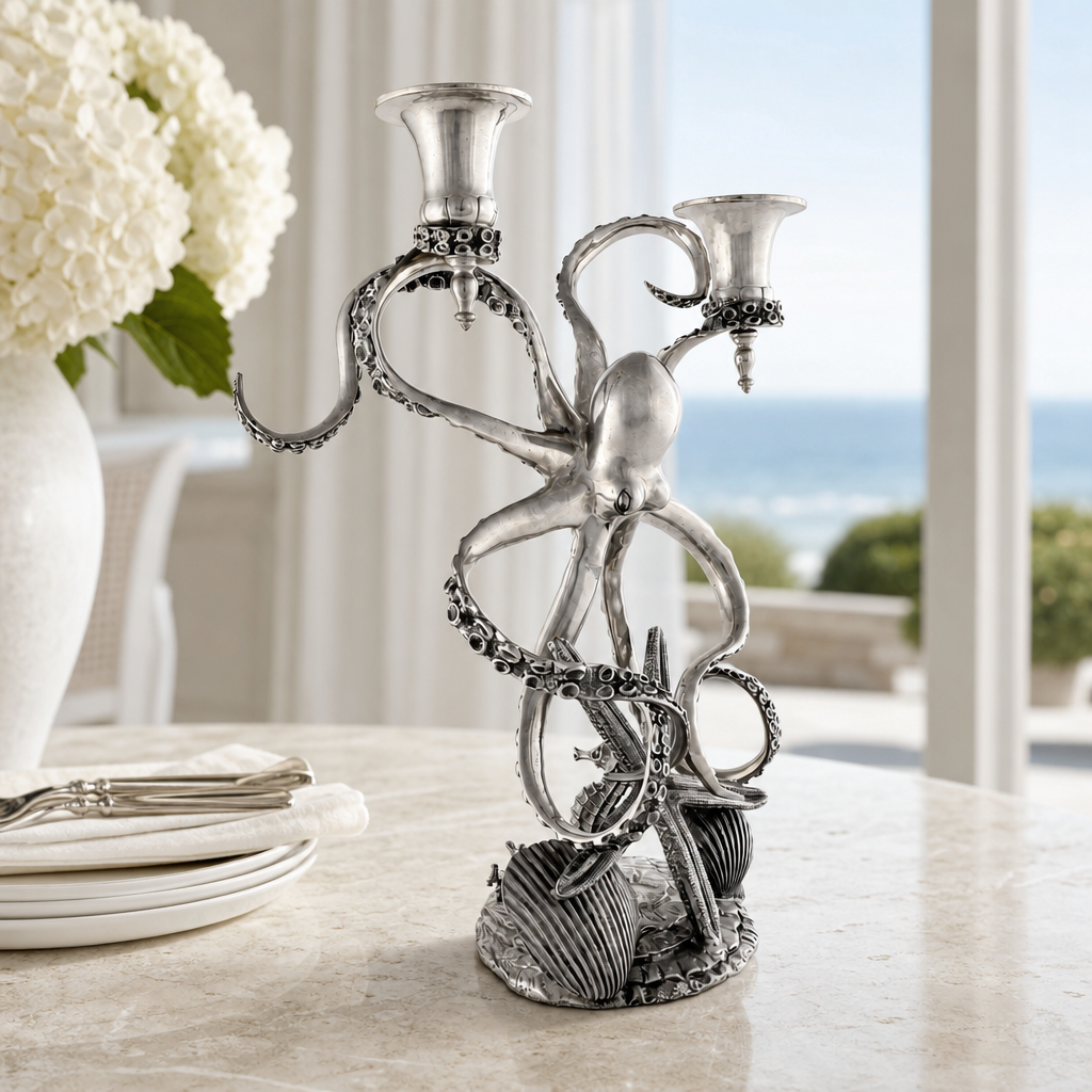 Two Taper Pewter Octopus Candelabrum 4