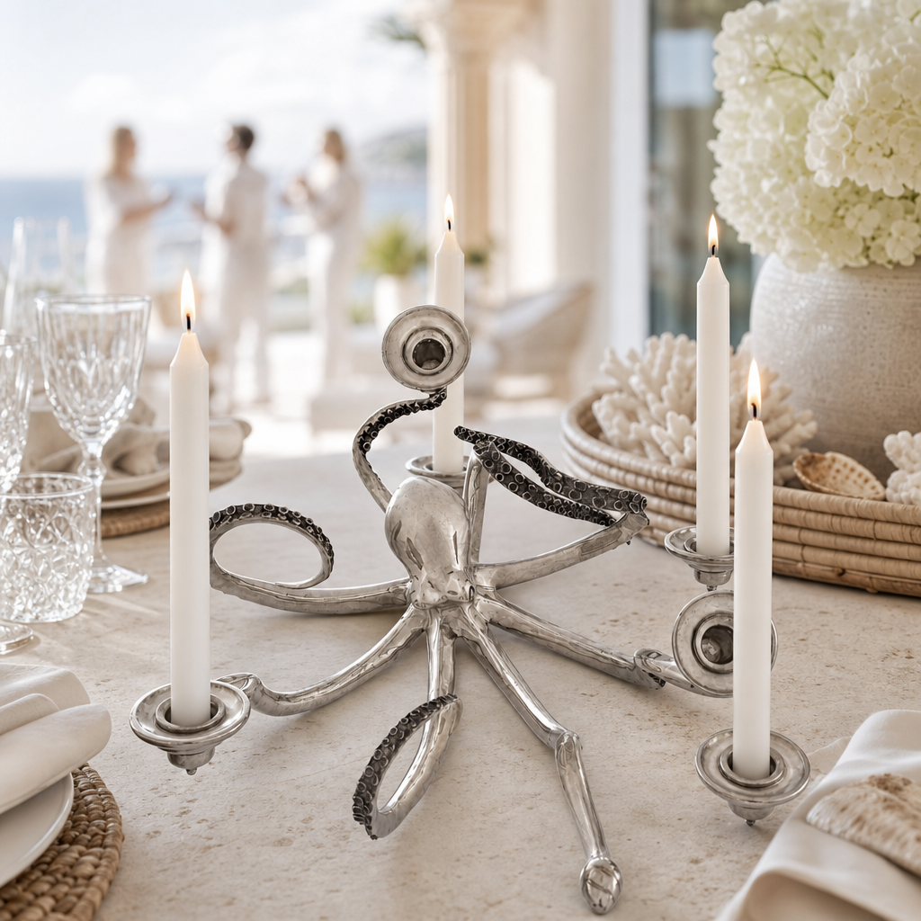 Four Taper Pewter Octopus Candelabrum 9