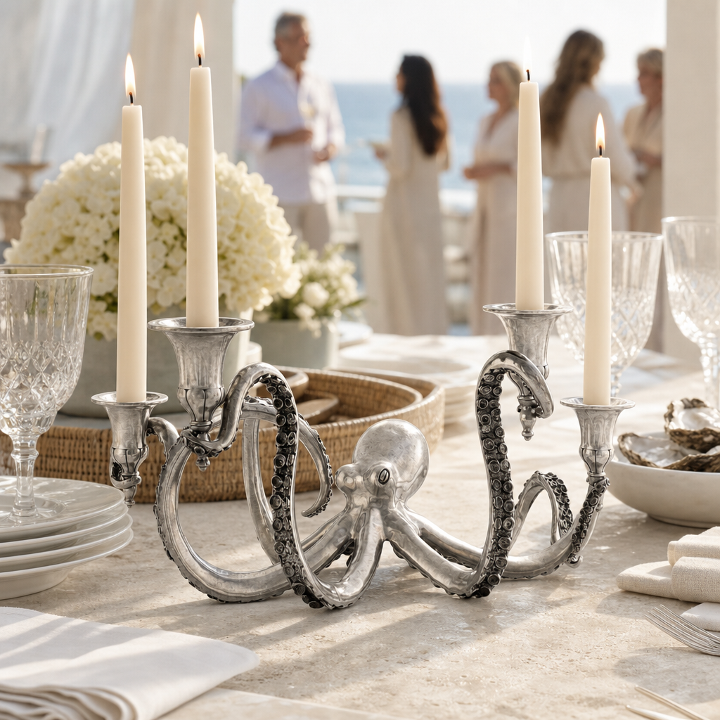 Four Taper Pewter Octopus Candelabrum 4