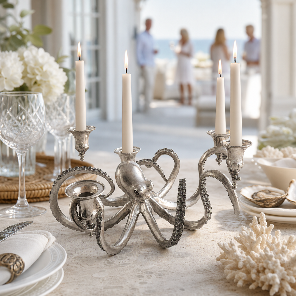 Four Taper Pewter Octopus Candelabrum 5