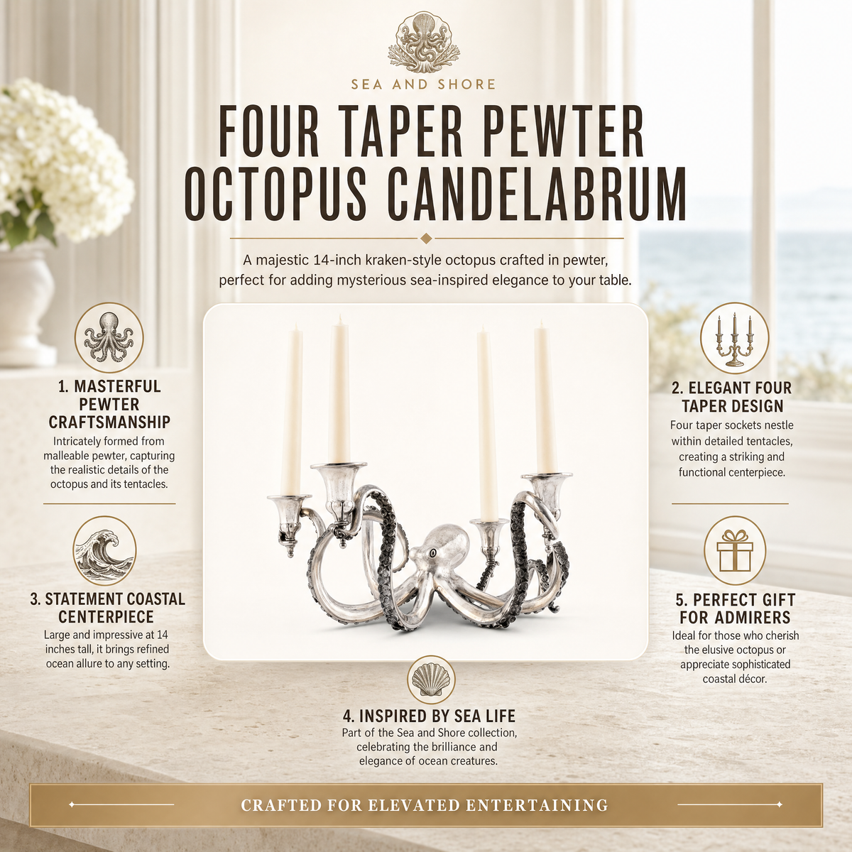 Four Taper Pewter Octopus Candelabrum 8