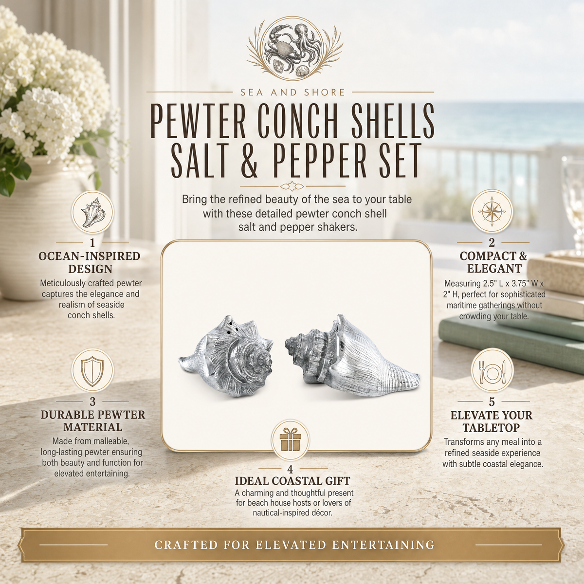 Pewter Conch Shells Salt & Pepper Set 12
