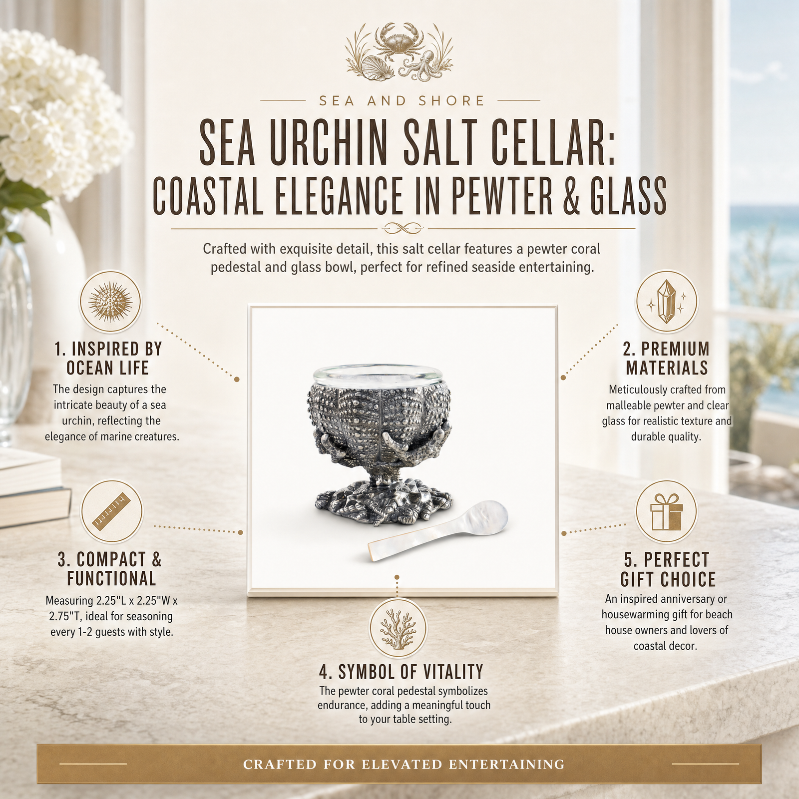 Sea Urchin Salt Cellar: Coastal Elegance in Pewter & Glass