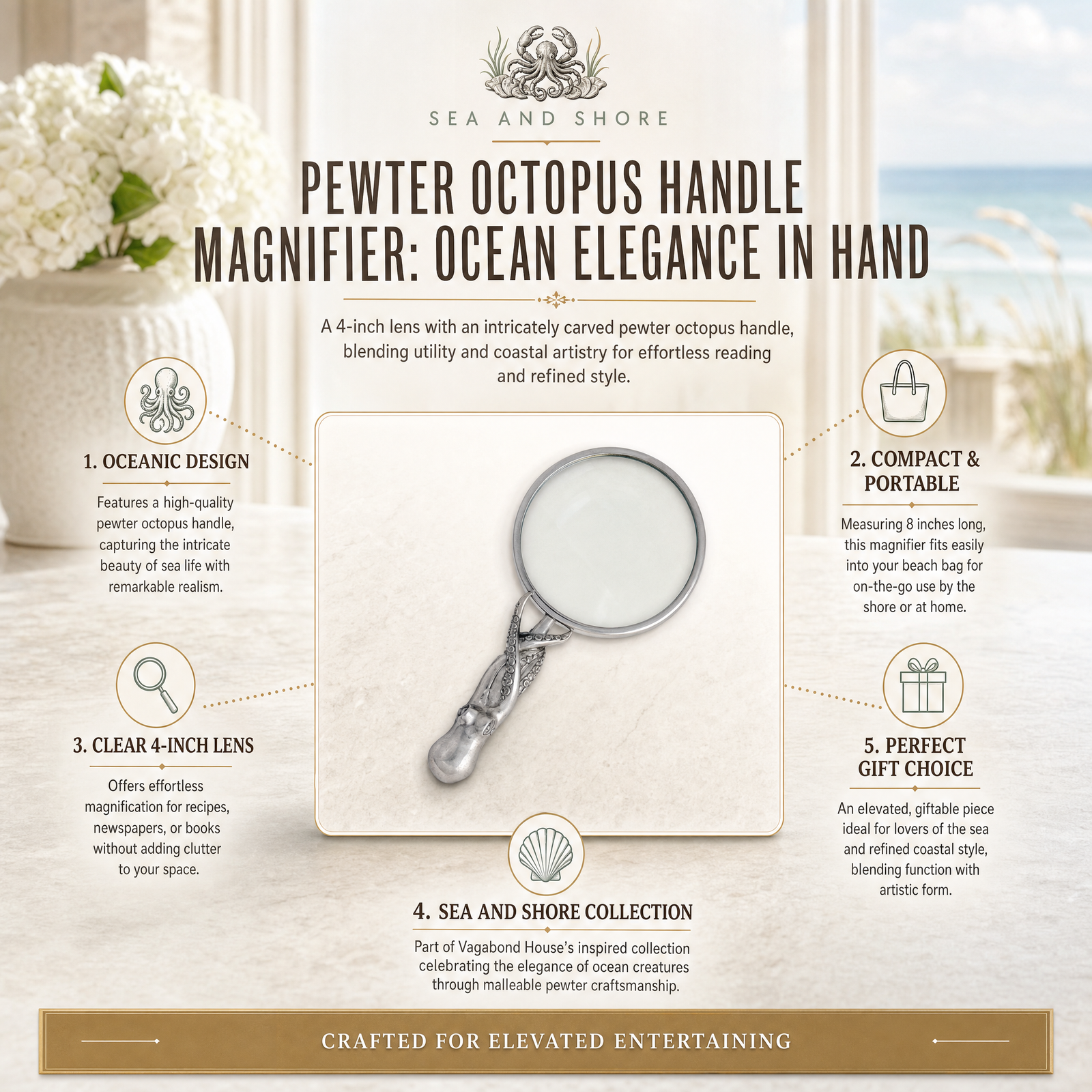 Pewter Octopus Handle Magnifier: Ocean Elegance in Hand